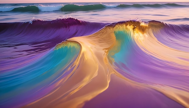 Vector abstract photo of a wave breaking in the ocean showcasing vibrant iridescent colors of purple gold and teal the wave is captured with a unique perspective and a sense of motion