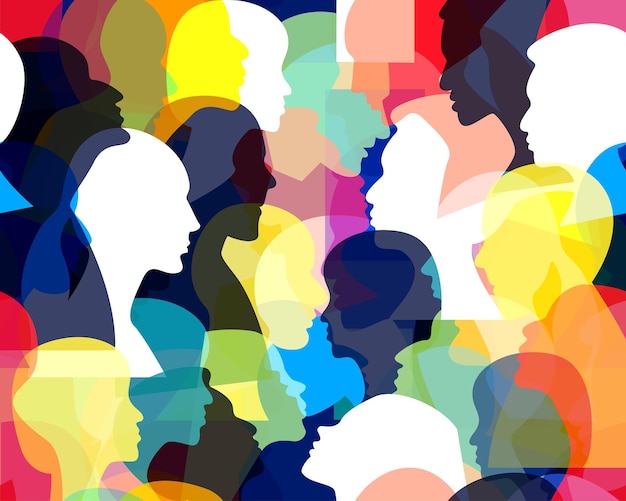 Abstract picture with human profile heads Seamless pattern of a crowd of many different people