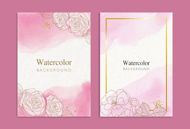 Abstract pink watercolor background with floral line art and gold texture Vector