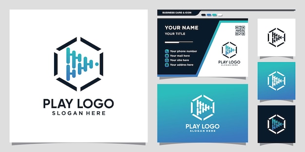 Abstract play logo technology with line art style and business card design Premium Vector