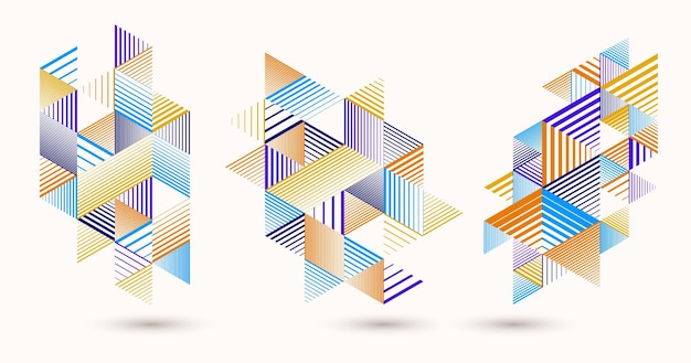 Abstract polygonal backgrounds with stripy triangles and 3D cubes vector designs set. Templates for different advertising or covers or banners. Retro style graphic elements.