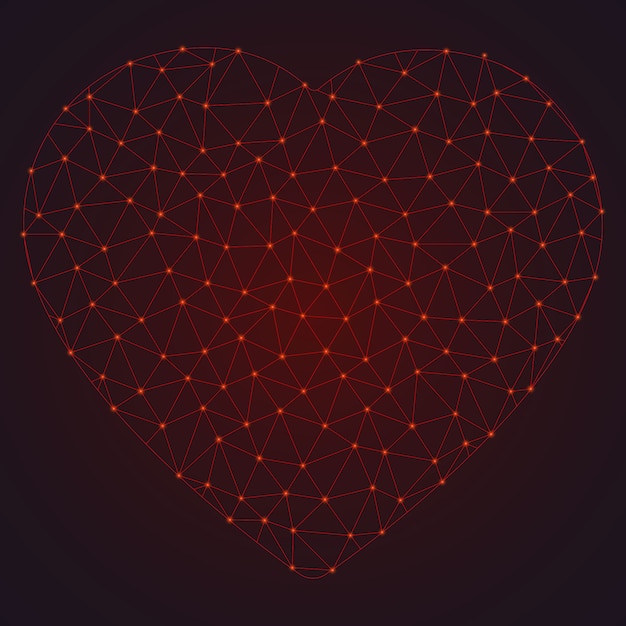 Abstract polygonal heart with glowing dots and lines.