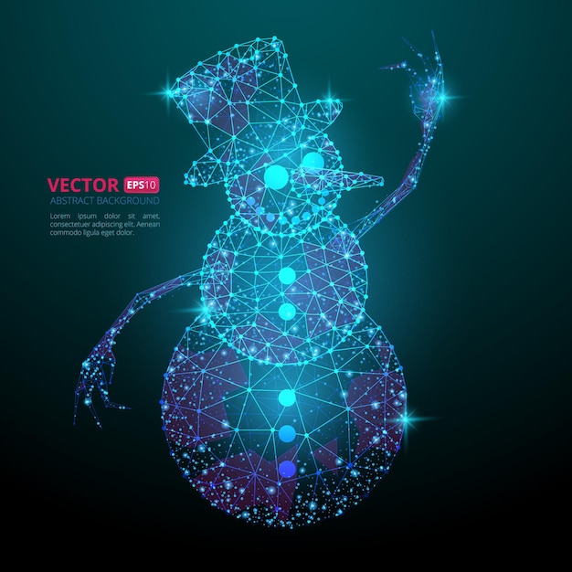 Abstract polygonal snowman with texture of starry sky or space universe. Vector illustration consisting of polygons, points and lines isolated on dark blue background