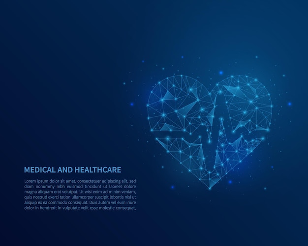 Abstract polygonal wireframe heart on blue background.