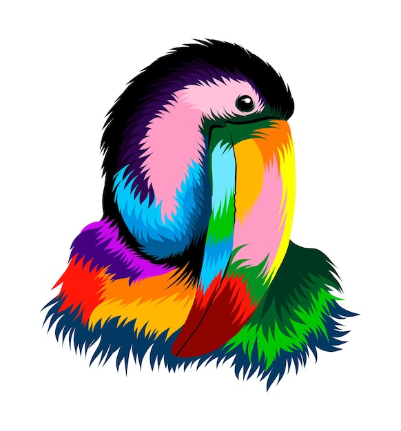 Abstract portrait of toucan head tropical bird from multicolored paints Colored drawing Vector il