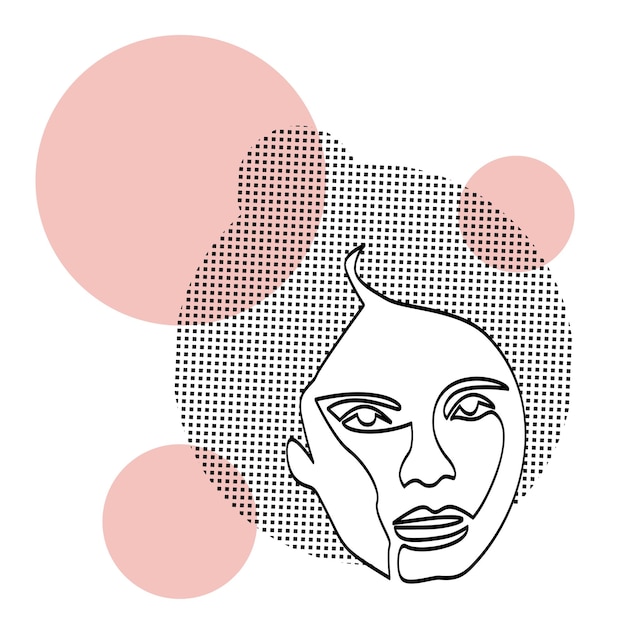 Abstract portrait of a woman with her hair tied on top of her head and pink circles