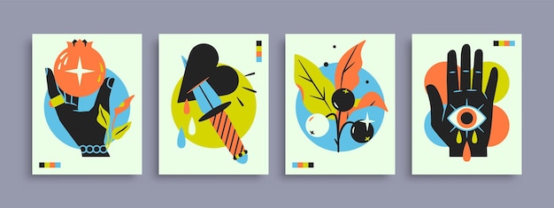 Abstract poster collection with hands animals and abstract elements and shapes