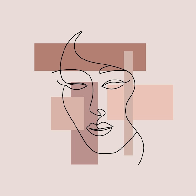 Abstract Poster line woman face with geometric shapes Oneline drawing style