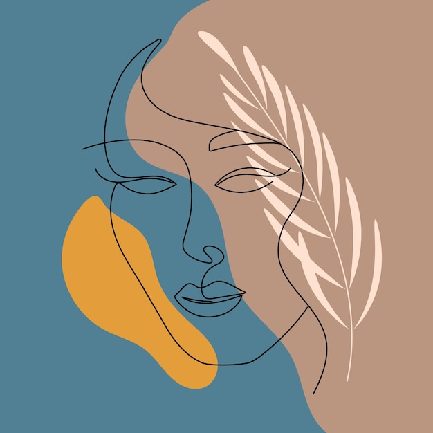 Abstract Poster line woman face with leaf Oneline drawing style