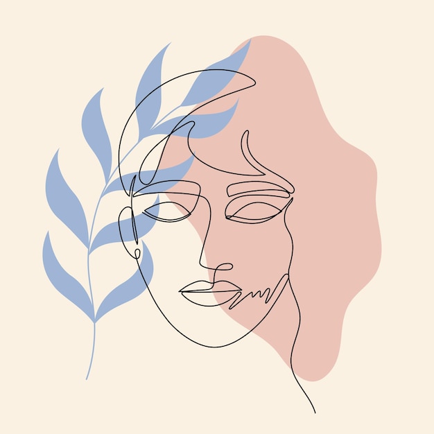 Abstract Poster line woman face with leaf Oneline drawing style