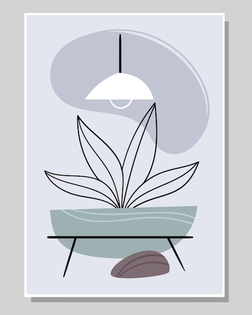 Abstract poster with plant, stone and lamp. Scandinavian style.