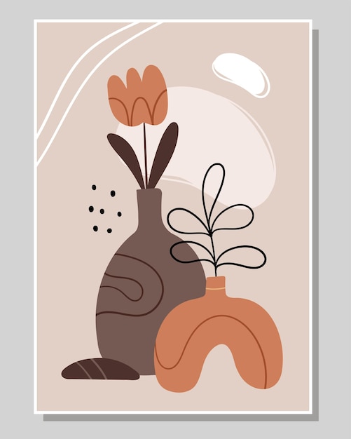 Abstract poster with unusual vases and a flower. Scandinavian style.