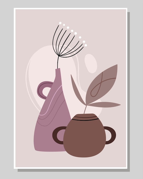 Abstract poster with unusual vases. Scandinavian style.