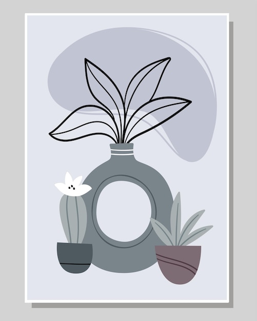 Abstract poster with unusual vases and succulents. Scandinavian style.