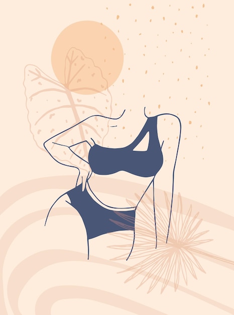 Vector abstract poster with woman in swimsuit female body in lingerie in minimalist boho style