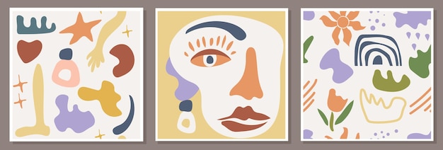 Abstract poster with a womans portrait and seamless patterns with minimalist compositions