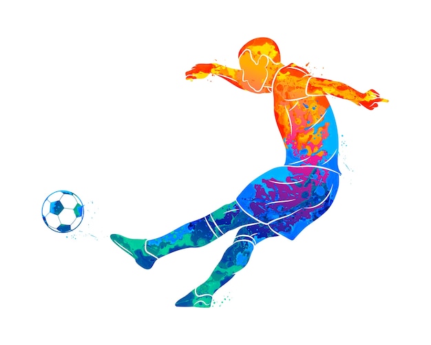 Abstract professional soccer player quick shooting a ball from splash of watercolors.  illustration of paints