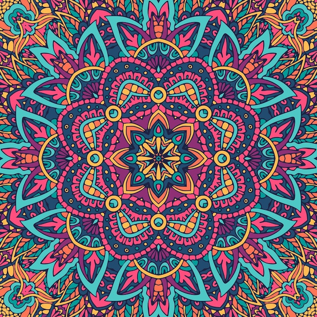 Abstract psychedelic colorful seamless mandala flower ornamental.