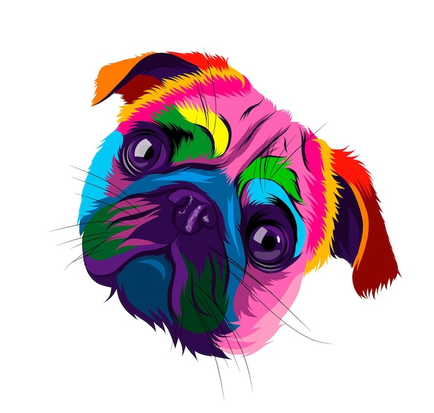 Abstract pug head portrait from multicolored paints Colored drawing Puppy muzzle portrait