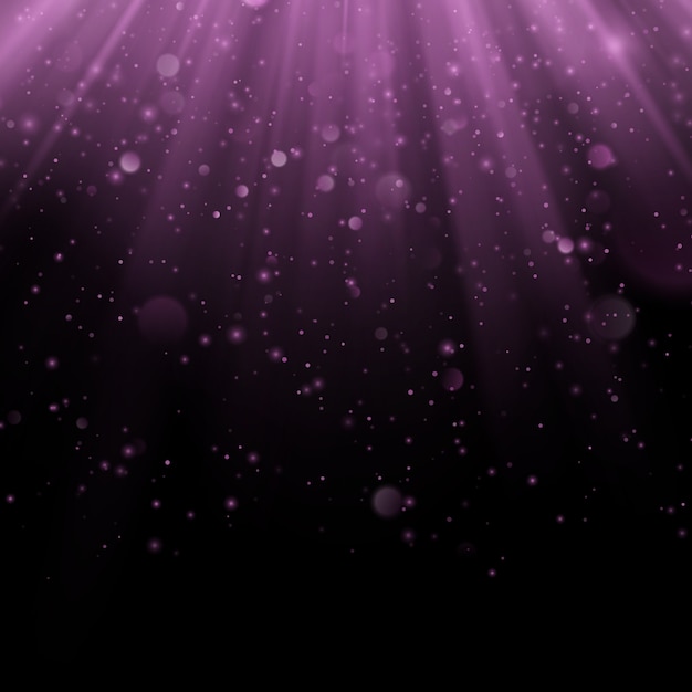 Abstract purple overlay effect. Shimmering object with rays background. Glow light falling down and light flare. Spotlights scene. 