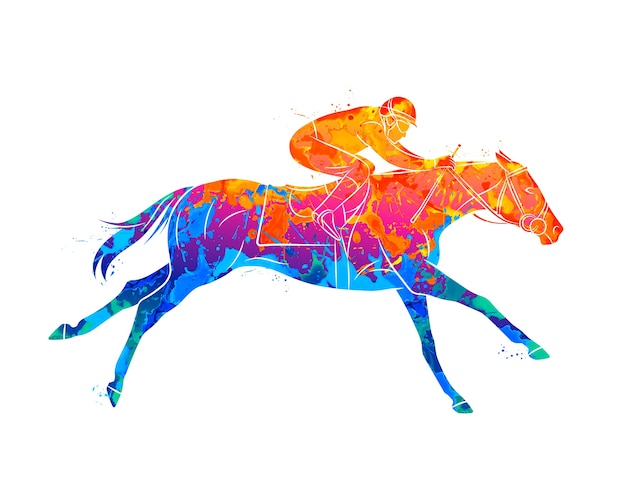 Abstract racing horse with jockey from splash of watercolors. Equestrian sport. 