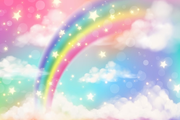 Abstract rainbow background with clouds and stars on sky Fantasy pastel color unicorn wallpaper