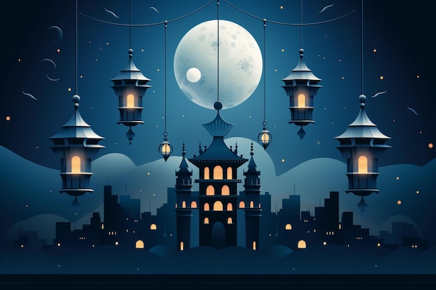 Abstract Ramadan Poster with Moon Lanterns