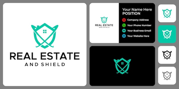 Abstract real estate shield protection
logo design with business card template