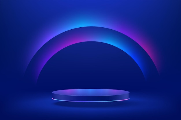 Abstract realistic 3d blue cylinder pedestal podium in abstract room with semi circle neon lighting