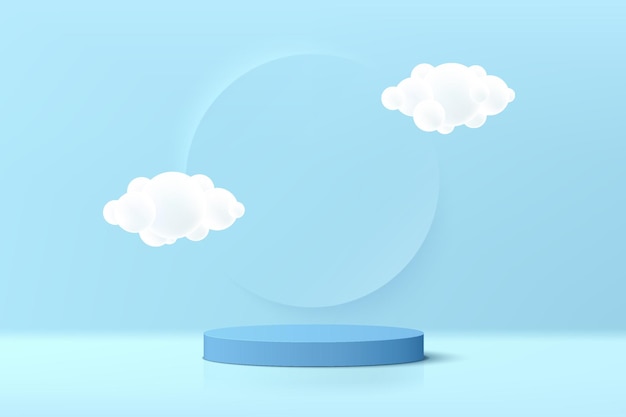 Abstract realistic 3D light blue cylinder pedestal podium with cloud flying and circle scene