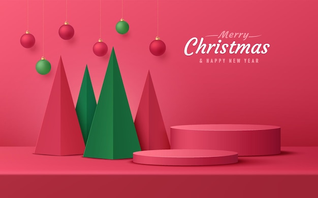 Vector abstract realistic 3d red cylinder pedestal podium set with modern green christmas tree and ball