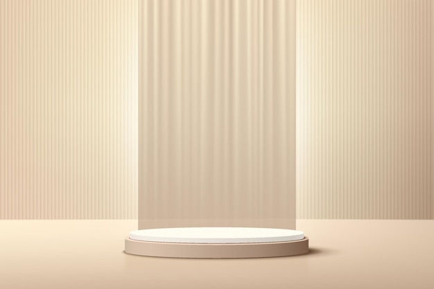 Abstract realistic Beige and Cream 3D cylinder pedestal podium with vertical luxury curtain backdrop