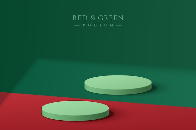 Abstract realistic light green 3D cylinder pedestal podium set on red and green floor with shadow