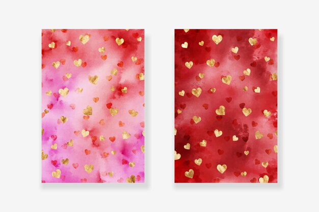 Vector abstract red and pink watercolor background with gold hearts