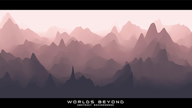 Abstract reddish landscape with misty fog till horizon over mountain slopes.