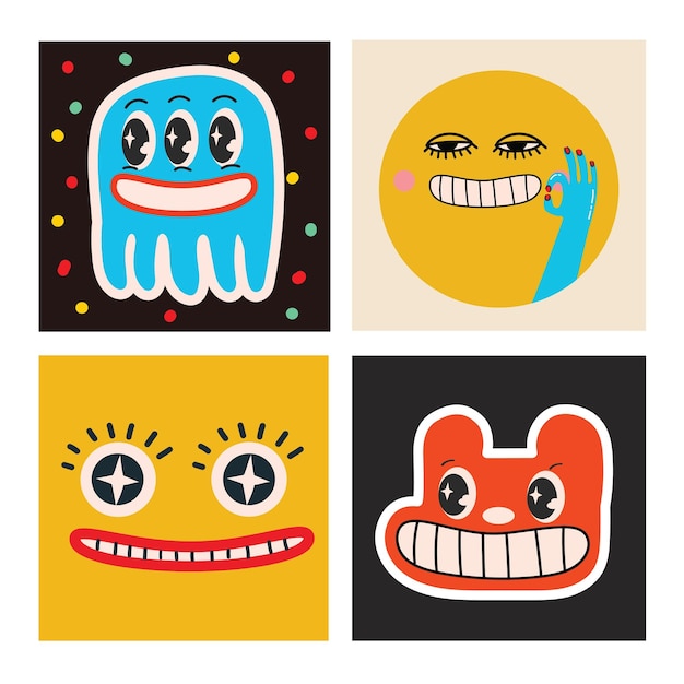 Abstract retro stickers Cartoon 30s 40s 50s clip art character with funny facesVector psychedelic square banners set