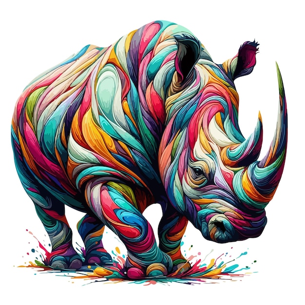 Vector abstract rhinoceros multicolored paints drawing on white background