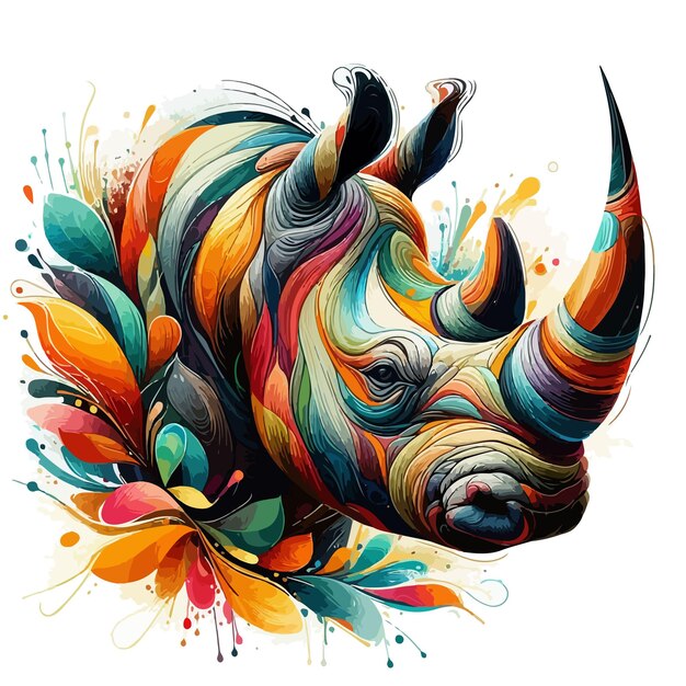 Vector abstract rhinoceros multicolored paints drawing on white background