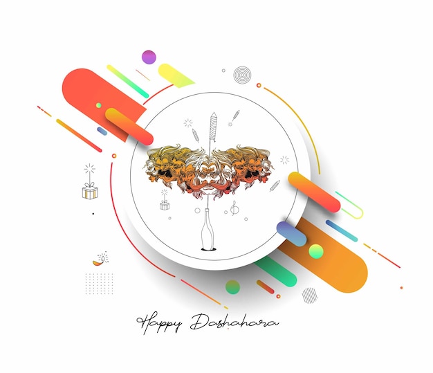 Vector abstract rocket firecrackers in a pot with ravana ten heads with text happy dussehra - poster banner vector design.