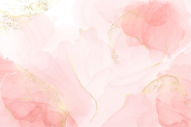 Abstract rose blush liquid watercolor background with golden lines dots and stains