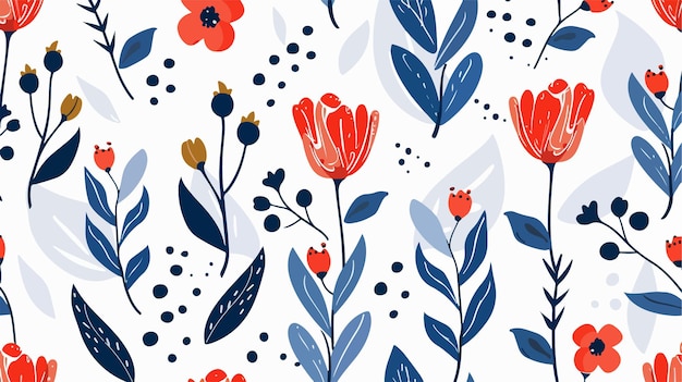 Abstract Scandinavian Folk Floral with Leaves and Dot