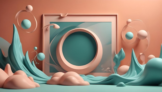 Vector an abstract scene with a pink and blue color scheme featuring a frame a circle waves and other 3d shapes the scene is set against an orange background