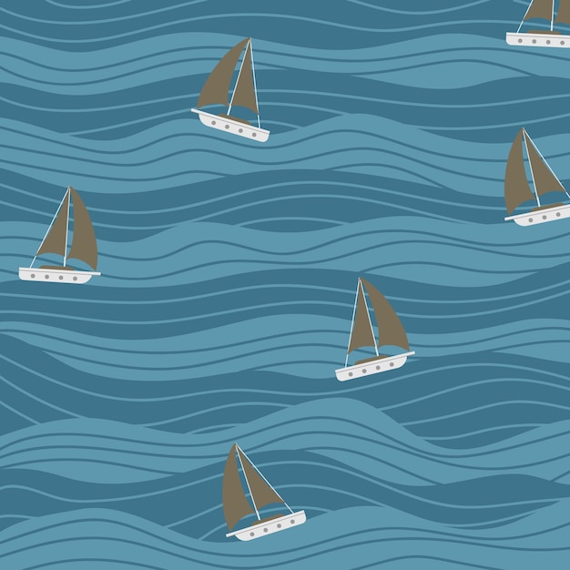 Abstract sea background. Sailboats on a waves. Wavy striped pattern