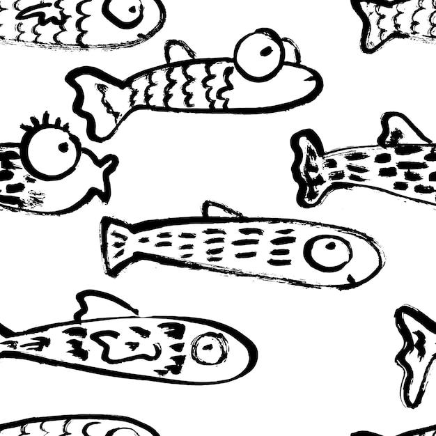 Abstract seamless dry brush pattern with fish