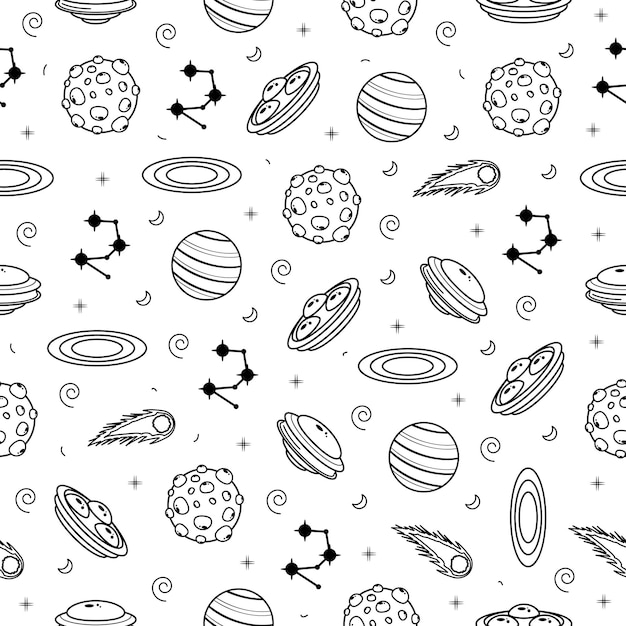 Abstract Seamless Pattern Doodle Collection Aliens Ufo Planets Galaxy Space Logo Vector Design Style