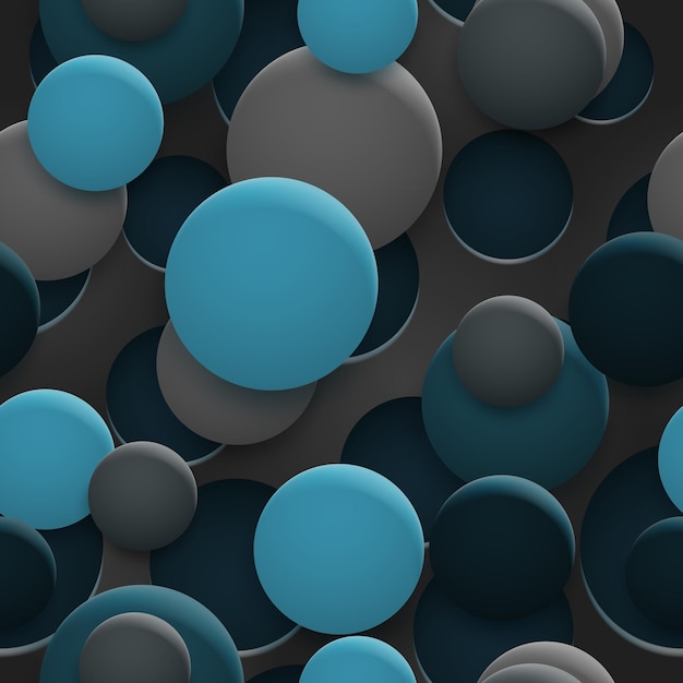 Vector abstract seamless pattern of holes and circles with shadows in light blue and gray colors on black background