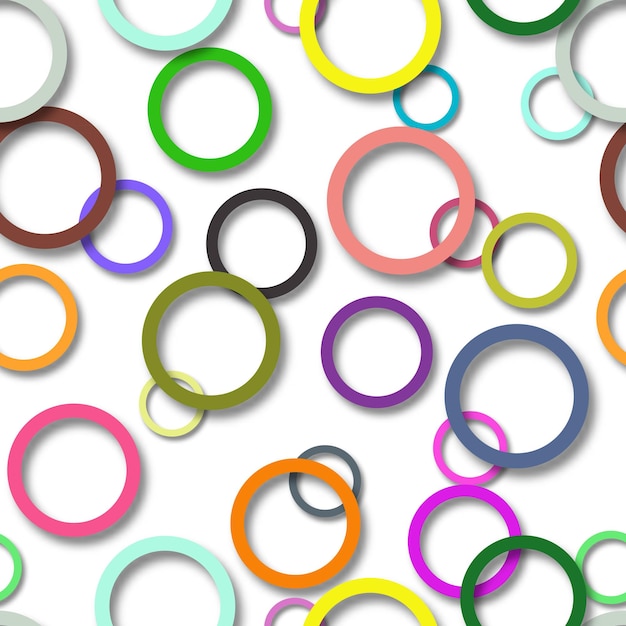 Abstract seamless pattern of randomly arranged colored rings with soft shadows on white background