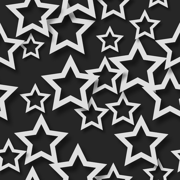 Abstract seamless pattern of randomly arranged white stars with soft shadows on black background