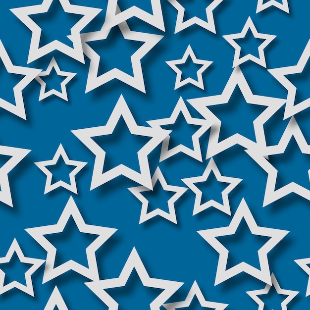 Abstract seamless pattern of randomly arranged white stars with soft shadows on blue background