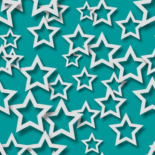 Abstract seamless pattern of randomly arranged white stars with soft shadows on light blue background